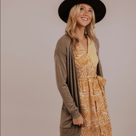 Roolee faux wrap Dress in golden Tan and Cream - Picture 12 of 13